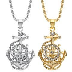 ***COI Titanium Gold Tone/Silver Anchor & Steering Wheel Pendant With Cubic Zirconia-01383BB