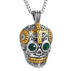 ***COI Titanium Black Gold Tone Silver Skull Pendant With Created Green Emerald-01385BB