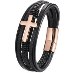 ***COI Titanium Black/Silver/Gold Tone/Rose Cross Genuine Leather Bracelet With Steel Clasp(Length: 8.27 inches)-01388BB
