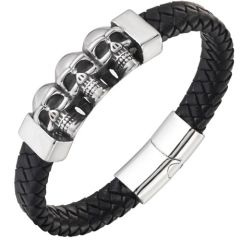 ***COI Titanium Black Silver Skull Genuine Leather Bracelet With Steel Clasp(Length: 8.27 inches)-01389BB
