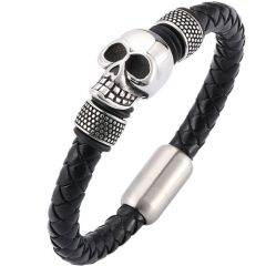 ***COI Titanium Black Silver Skull Genuine Leather Bracelet With Steel Clasp(Length: 8.27 inches)-01390BB