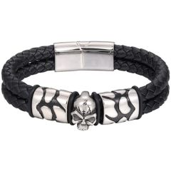 ***COI Titanium Black Silver Skull Genuine Leather Bracelet With Steel Clasp(Length: 8.27 inches)-01391BB