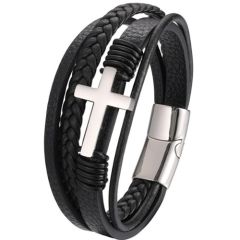 ***COI Titanium Black/Gold Tone/Silver Cross Genuine Leather Bracelet With Steel Clasp(Length: 9.05 inches)-01393BB