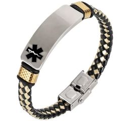 ***COI Titanium Black Gold Tone Silver Medical Alert Genuine Leather Bracelet With Steel Clasp(Length: 8.27 inches)-01394BB