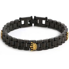 ***COI Titanium Black Gold Tone Crowns Bracelet With Steel Clasp(Length: 8.27 inches)-01408BB