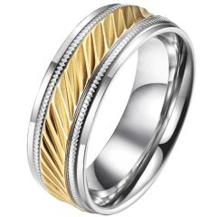 ***COI Titanium Gold Tone Silver Diagonal Grooves Step Edges Ring-01419BB