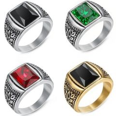 ***COI Titanium Black Gold Tone/Silver Ring With Black Onyx/Created Red Ruby/Green Emerald-01420BB