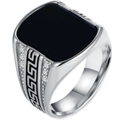 ***COI Titanium Black/Gold Tone/Silver Greek Key Black Onyx Ring With Cubic Zirconia-01431BB