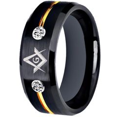 ***COI Titanium Black Gold Tone Masonic Freemason Ring With Cubic Zirconia-01457BB