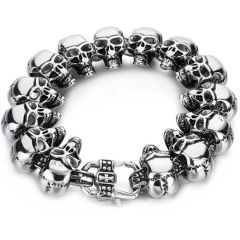 ***COI Titanium Black/Gold Tone/Silver Skull Bracelet With Steel Clasp(Length: 8.66 inches)-01490BB