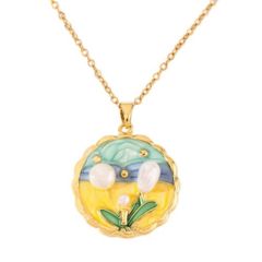 ***COI Gold Tone Titanium Enamel & Pearl Pendant-01504BB