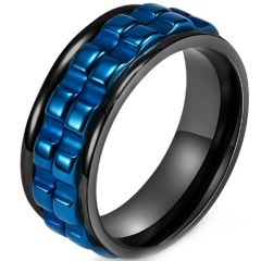 ***COI Titanium Black/Silver/Black Blue Grooves Rotating Ring-01513BB