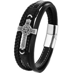 ***COI Titanium Black Silver Cross Genuine Leather Bracelet With Steel Clasp(Length: 8.27 inches)-01521BB