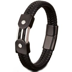 ***COI Titanium Black Silver Genuine Leather Bracelet With Steel Clasp(Length: 8.27 inches)-01525BB