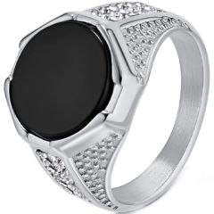 ***COI Titanium Gold Tone/Silver Black Onyx Ring With Cubic Zirconia-01529BB
