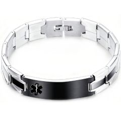 ***COI Titanium Black Silver Medical Alert Bracelet With Steel Clasp(Length: 7.87 inches)-01554BB