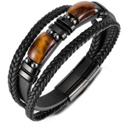 ***COI Black Titanium Tiger Eye Genuine Leather Bracelet With Steel Clasp(Length: 8.46 inches)-01572BB