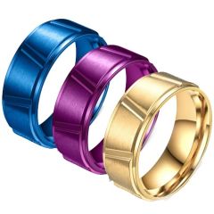 ***COI Titanium Purple/Blue/Gold Tone Diagonal Grooves Step Edges Ring-01581BB