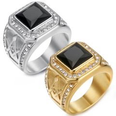 ***COI Titanium Gold Tone/Silver Masonic Freemason Ring With Black Onyx-01602BB