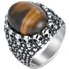 ***COI Titanium Black Silver Skull Ring With Tiger Eye or Black Onyx-01609BB