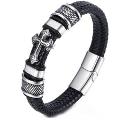 ***COI Titanium Black Silver Cross Genuine Leather Bracelet With Steel Clasp(Length: 8.27 inches)-01612BB