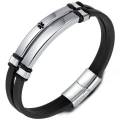 ***COI Titanium Black Silver Medical Alert Genuine Leather Bracelet With Steel Clasp(Length: 8.27 inches)-01649BB