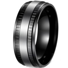 ***COI Titanium Black Silver Tire Tread Step Edges Ring-01652BB