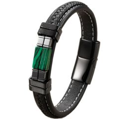 ***COI Titanium Black Silver Lapis Lazuli Genuine Leather Bracelet With Steel Clasp(Length: 9.07 inches)-01668BB