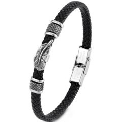 ***COI Titanium Black Silver Feather Genuine Leather Bracelet With Steel Clasp(Length: 8.85 inches)-01680BB