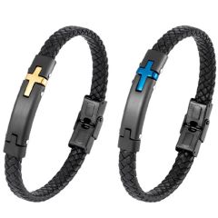 ***COI Titanium Black Blue/Gold Tone Genuine Leather Bracelet With Steel Clasp(Length: 8.85 inches)-01682BB