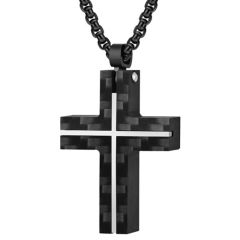 ***COI Titanium Black Rose/Silver Cross Pendant With Carbon Fiber-01698BB