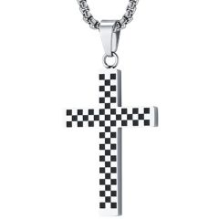 ***COI Titanium Black/Silver Checkered Flag Cross Pendant-01717BB