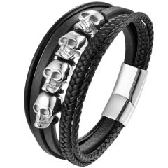 ***COI Titanium Black/Silver Skull Genuine Leather Bracelet With Steel Clasp(Length: 8.27 inches)-01723BB
