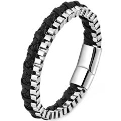 ***COI Titanium Black/Silver Genuine Leather Bracelet With Steel Clasp(Length: 8.27 inches)-01732BB