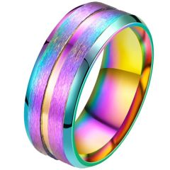 ***COI Titanium Rainbow Pride Center Groove Beveled Edges Ring-01737BB
