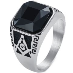***COI Titanium Black Gold Tone/Silver Masonic Freemason Ring With Black Onyx-01738BB