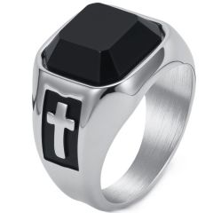 ***COI Titanium Black Gold Tone/Silver Cross Ring With Black Onyx-01739BB