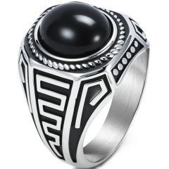 ***COI Titanium Black/Silver Greek Key Pattern Ring With Black Onyx-01740BB