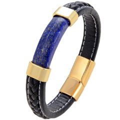 ***COI Titanium Gold Tone/Silver Lapis Lazuli Genuine Leather Bracelet With Steel Clasp(Length: 8.27 inches)-01747BB