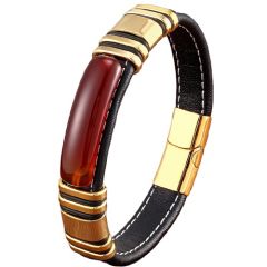 ***COI Gold Tone Titanium Tiger Eye Genuine Leather Bracelet With Steel Clasp(Length: 8.27 inches)-01749BB