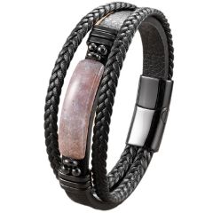 ***COI Black Titanium Pink Onyx Genuine Leather Bracelet With Steel Clasp(Length: 9.06 inches)-01750BB