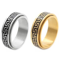***COI Titanium Black Gold Tone/Silver Greek Key Pattern Step Edges Ring-01769BB