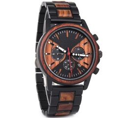 COI Black Titanium Koa Wood Chronograph Watch With Steel Clasp(Length: 8.50 inches)-01798BB