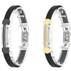 ***COI Titanium Silver Black/Gold Tone Cubic Zirconia Rubber Bracelet With Steel Clasp(Length: 9.25 inches)-01880BB