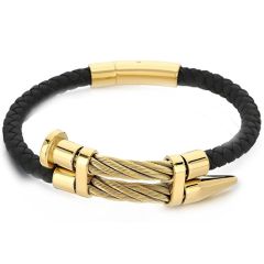 ***COI Titanium Black/Gold Tone/Silver Genuine Leather Bracelet With Steel Clasp(Length: 8.46 inches)-01897BB
