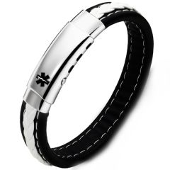 ***COI Titanium Medical Alert Genuine Leather Bracelet With Steel Clasp(Length: 8.27 inches)-01944BB