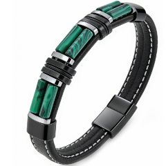 ***COI Black Titanium Green Malachite/Tiger Eye Genuine Leather Bracelet With Steel Clasp(Length: 8.27 inches)-01951BB
