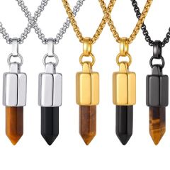 ***COI Titanium Gold Tone/Silver Tiger Eye/Black Onyx Pendant-01966BB