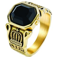 ***COI Titanium Black/Gold Tone/Silver Crown Ring With Black Onyx-01973BB
