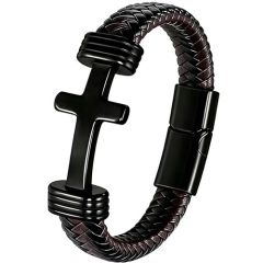 ***COI Titanium Black/Gold Tone/Silver Cross Genuine Leather Bracelet With Steel Clasp(Length: 9.06 inches)-01979BB